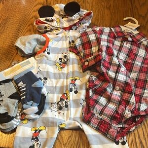 Disney & Carters 3-6 month NWT plaid shirt and romper bundle with socks